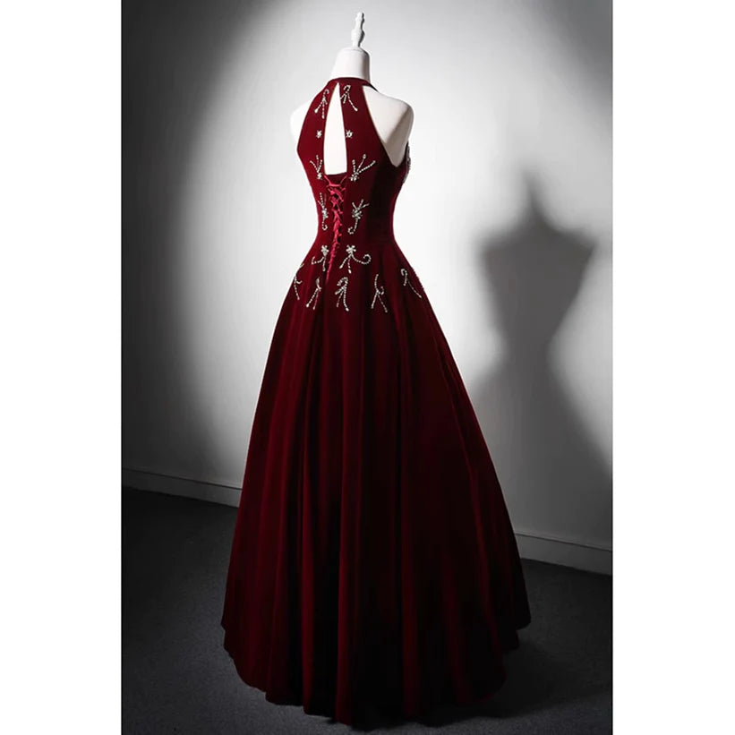 Wine Red Velvet Beaded Halter Long Formal Dress